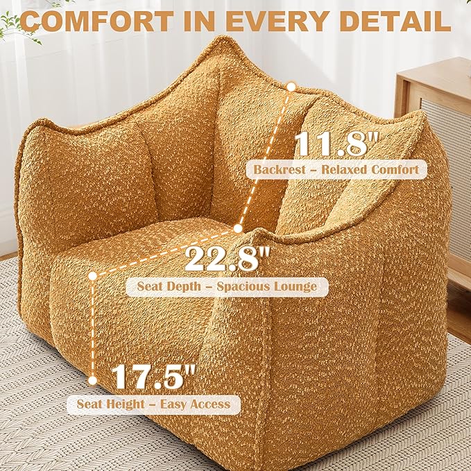 47.2 Inch Oversized 2 Piece Single Sofa Set Comfy Beanbag Chairs with Scratch-Resistant Pet-Friendly Chenille Modern Couch with Arms No Assembly Required Yellow