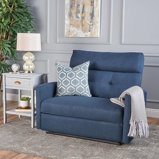 Mid-Century Fabric Double Seats Rocker Recliner Chair Adjustable Single Recliner Sofa with Thicker Seat Cushion with Pocket for Living Room Bedroom Apartment (Navy Blue)