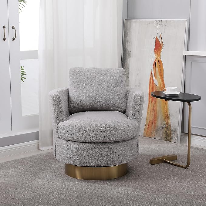 Teddy Swivel Barrel Chair Swivel Accent Chairs Armchair for Living Room Reading Chairs for Bedroom Comfy Round Barrel Chairs with Gold Stainless Steel Base (Grey)