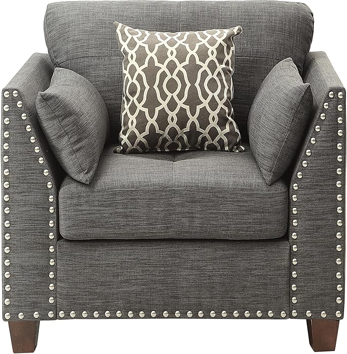 Light Charcoal Chair with Flared Arms and Soft Pillows for Comfortable Seating for Living Room Style