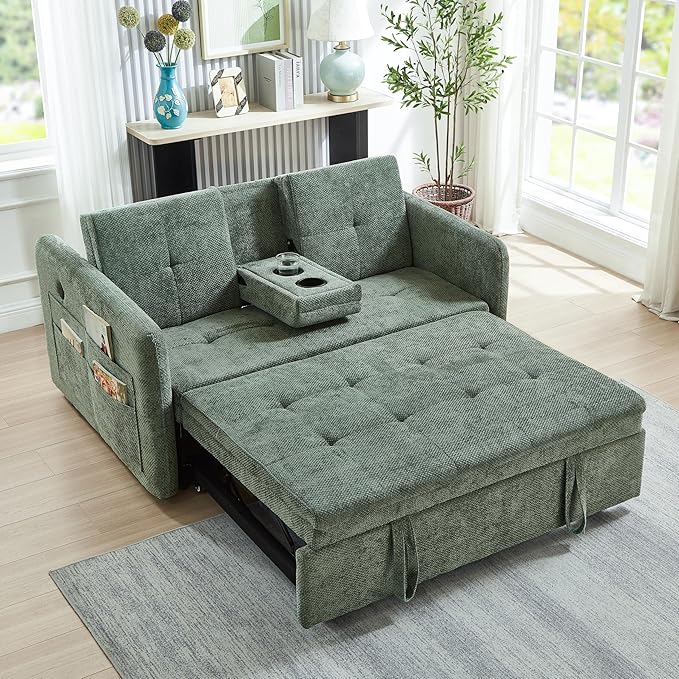57.48 Convertible Sofa Bed with Cup Holder Pull Out Sleeper Sofa Bed with USB Charging Ports 3 in 1 Convertible Sleeper Sofa Bed for Living Room Apartment Bedroom RV Green