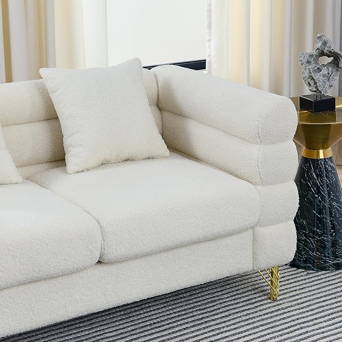 81 Sectional Sofa with 3 PillowsOversized Teddy Fabric Couch W/Polished Metal Legs and Streamline Designfor Living RoomBedroomApartmentWhite