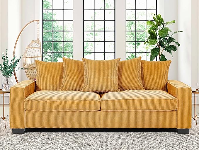 Luxe Corduroy Sofa with 5 Matching Toss Pillows Sleek Design Spacious and Comfortable 3 Seater Couch for Modern Living Room 88 Wide Ginger
