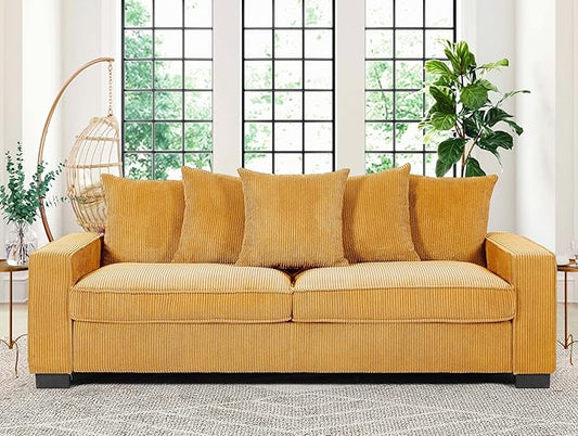 Luxe Corduroy Sofa with 5 Matching Toss Pillows Sleek Design Spacious and Comfortable 3 Seater Couch for Modern Living Room 88 Wide Ginger