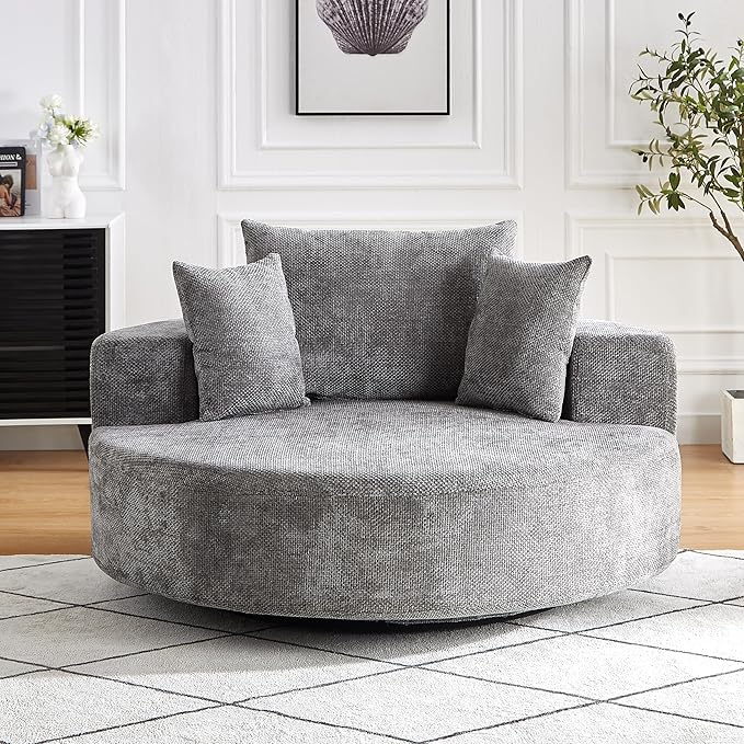 KEIKI 55 Oversized Swivel Accent Chair Large Barrel Chairs Upholstered Round Swivel Chair Chenille Single Sofa Armchair Sleeper Chair for Living Room Lounge Grey