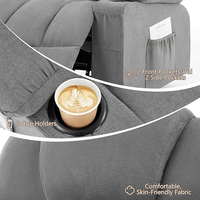 Massage Rocker Recliner Chair Ergonomic Rocking Recliner Sofa with Vibration Massage &amp Heat Reclining Fabric Nursery Chair for Living Room Lounge with 4 Pockets 2 Cup Holders Grey