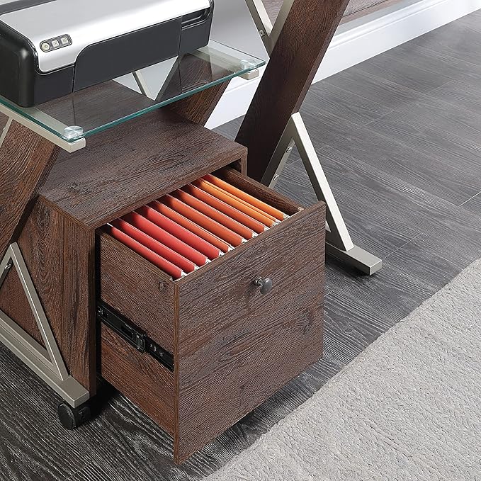 OSP Home Furnishings Zenos Mobile Rolling File Cabinet with Tempered Glass Top Traditional Cherry