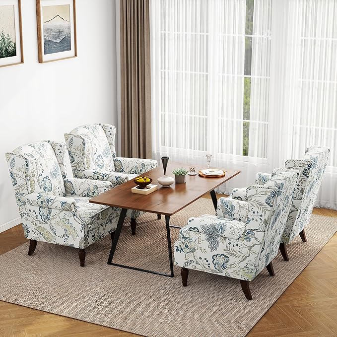 Floral High Back Accent Chair Upholstered Armchair with Solid Wood Legs Comfy Wingback Reading Single Sofa Chair for Small Spaces Living Room Bedroom(Floral Plants Blue Set of 2)