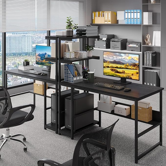 L-Shaped Computer Desk with 4-Tier Storage Shelves 43 inch Writing Desk with Bookshelf for Home Office Reversible Corner Gaming Desk for Bedroom Black (Black)