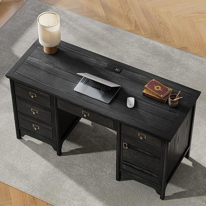 55 Farmhouse Executive Desk Solid Wood Painted Home Office Desk with Charging Station 5 Drawers Storage Cabinet Computer Writing Table for Work Study Writing Black