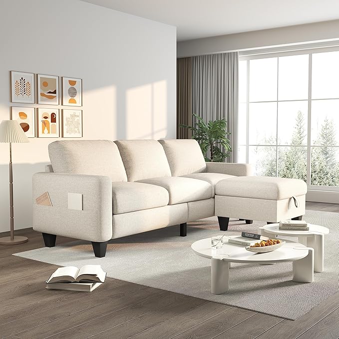ZeeFu Couch for Living Room - 78'' Beige Linen 3 Seat L-Shaped Sectional Sofa Couches with Storage Ottoman - Modern Small Space Upholstered Furniture Sofa Set for Office Small Space Apartment
