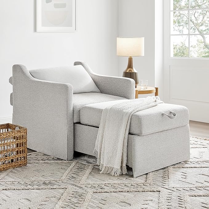 Serta Hawthorne 35 Slipcovered Convertible Accent Chair Cot Size Dreamcoil Comfort Finger Guard Protection Polyester Tweed Fabric Linen