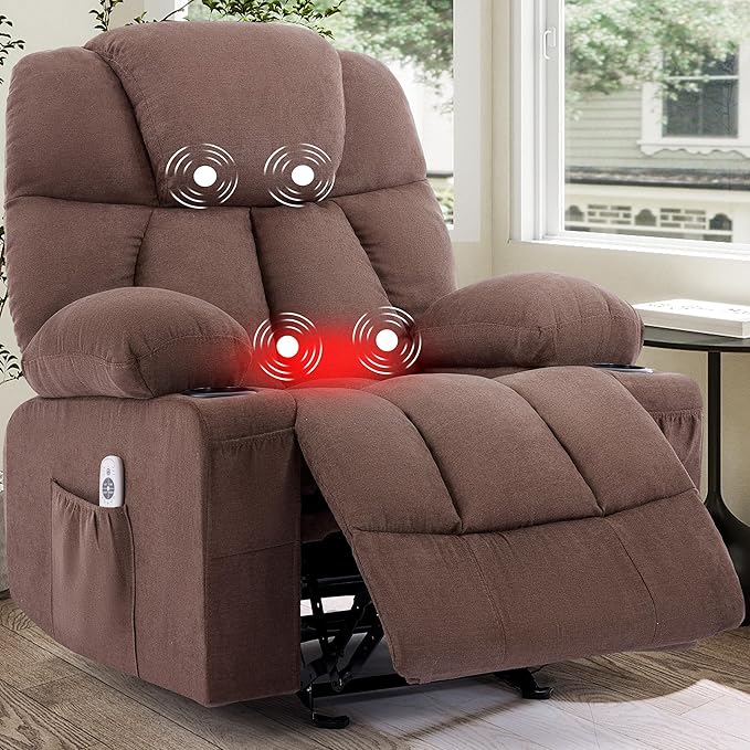 Massage Rocker Recliner Chair Ergonomic Rocking Recliner Sofa with Vibration Massage &amp Heat Reclining Fabric Nursery Chair for Living Room Lounge with 4 Pockets 2 Cup Holders Brown
