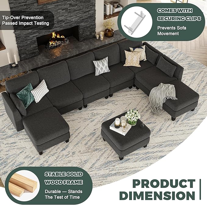 Modular Sectional Sofa 6 Seaters Modular Sleeper Sofa Couch Comfy Sectionals Couches Bed Convertible Sofas with Ottomans Sectional Couches for Living Room Dark Grey