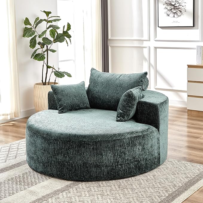 55 Oversized Chaise lounge Chair Indoor Modern Upholstered Deep Seat Wide Armrest Single Floor Circle Round Sofa Chair Sleeper for Small Living Room Bedroom Apartment with Pillow Green Chenille