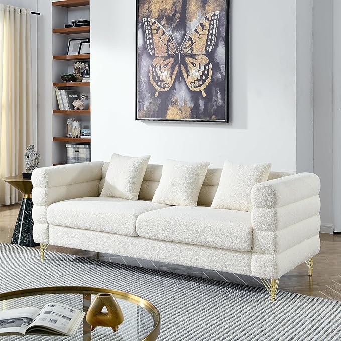 81 Sectional Sofa with 3 PillowsOversized Teddy Fabric Couch W/Polished Metal Legs and Streamline Designfor Living RoomBedroomApartmentWhite