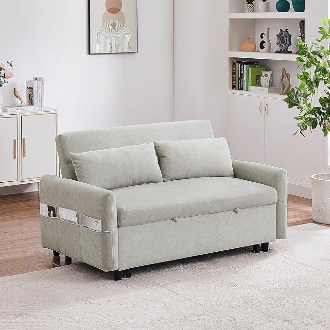 55.1 Pull Out Sofa Bed 2 Seater Loveseats Sofa Couch with Adjustable Backrest Storage Pockets 2 Soft Pillows Convertible Sleeper Sofa Bed for Living Room Bedroom Apartment Office (Beige 091)