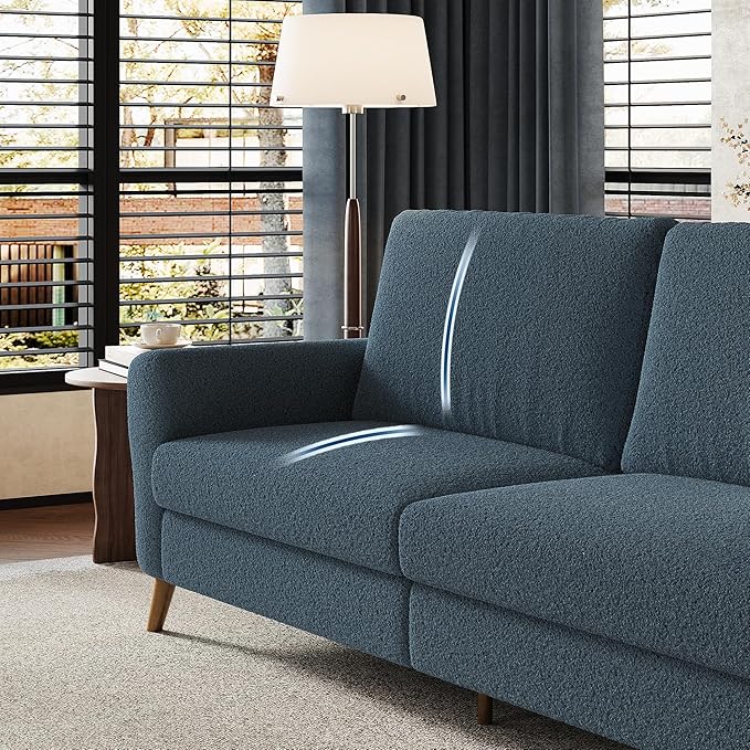 IDEALHOUSE 84 Inch Modern Sofa Couch Large 3-Seater Sofa with Streamlined Armrests Boucle Loveseat Wood Feet Comfy Couch for Living Room Apartment Lounge Dark Blue