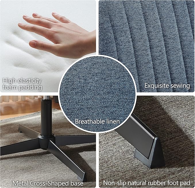 Art Leon Desk Chair No Wheels - with Ottoman and Lumbar Pillow Armless Office Chair No Wheels Criss Cross Chair Modern Swivel Height Adjustable Wide Seat Computer Task Vanity Chair Indigo Linen