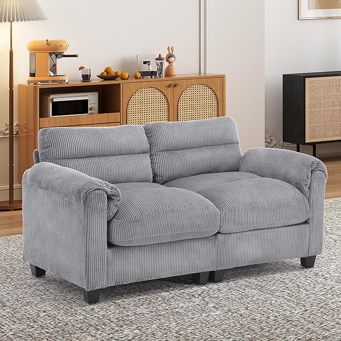 Corduroy Sofa Set Upholstered Loveseat with Plush Cushions and Rolled Arms Modern Living Room Furniture SetsGrey