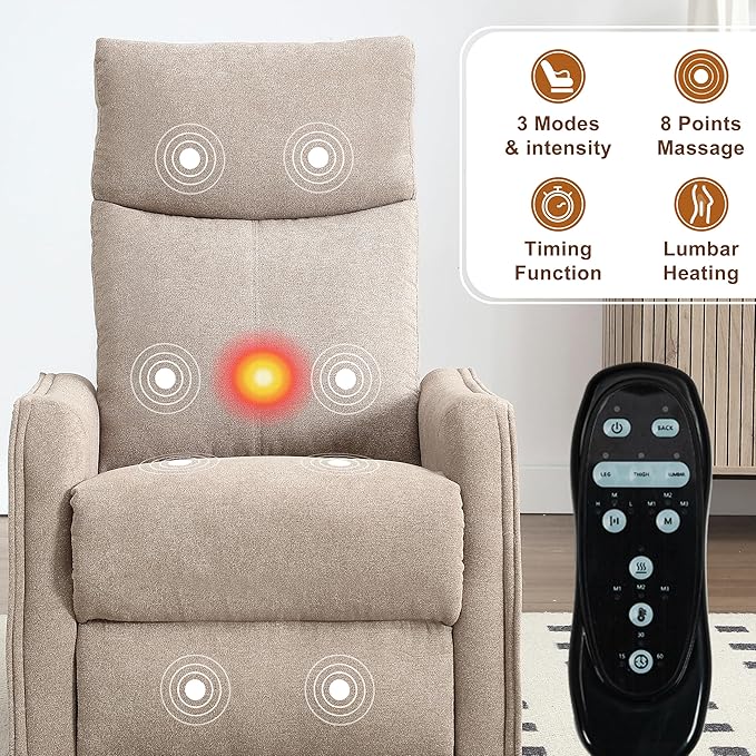 Manual 360° Swivel Rocker Recliner Chair for Adults Overstuffed Glider Chair for Nursery with Vibration Massage and Heat Comfy Soft Fabric Glider with Side Pockets for Living Room Khaki