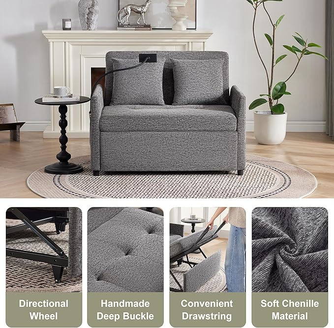 Sleeper Loveseat with USB and Type-C Ports 3 in 1 Convertible Sofa Bed with Phone Holder Pull Out Sofa Bed Loveseat Sleeper Sofa for Living Room Adjustable Backrest Side Pockets Dark Grey