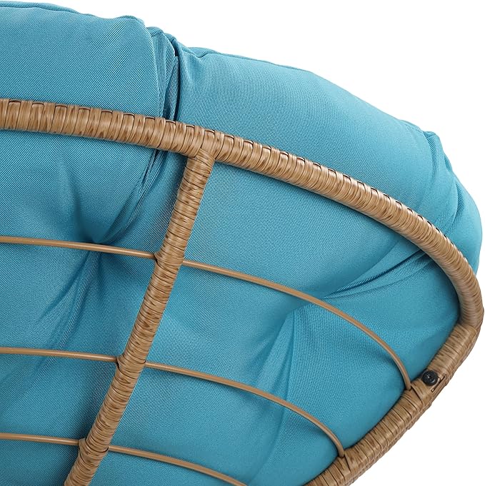OSP Home Furnishings Wicker Papasan Chair with 360-Degree Swivel Natural Frame with Blue Cushion
