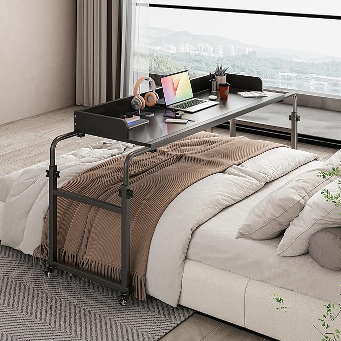 Overbed Table with Wheels Bed Desk Recliner Table Adjustable Height Laptop Table Queen King Size Over The Bed Table with Wheels &amp Heavy Duty Metal Leg Laptop Desk for Recliner (Black)