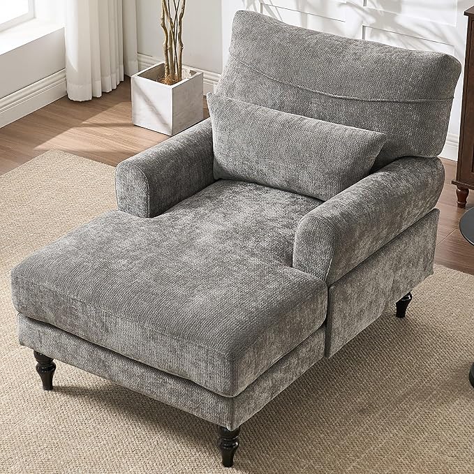 KEIKI Chaise Lounge Chair Indoor Modern Leisure Sleeper Sofa Chair w/Double Deep Cushion Accent Upholstered Reading Side Armchair Recliner Arm Chairs for Living Room &amp Bedroom Easy Assembly G