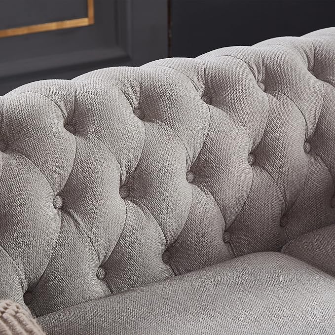88.5 Upholstered Chesterfield Couch Modern 3 Seater Sofa with Tufted Back and Scrolled Arms Wood Leg Nailhead Sofa for Living Room Office Apartment Small Space Linen Upholstered Gray