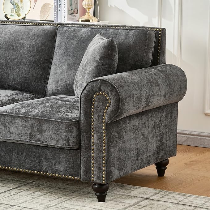 KEIKI 64 Oversized Chenille Loveseat Sofa with Rolled Arms and Nailhead Trim Upholstered Modern Style 2-Seater Couch with High-Density Foam Cushions Easy Assembly for Apartment Living Room Grey