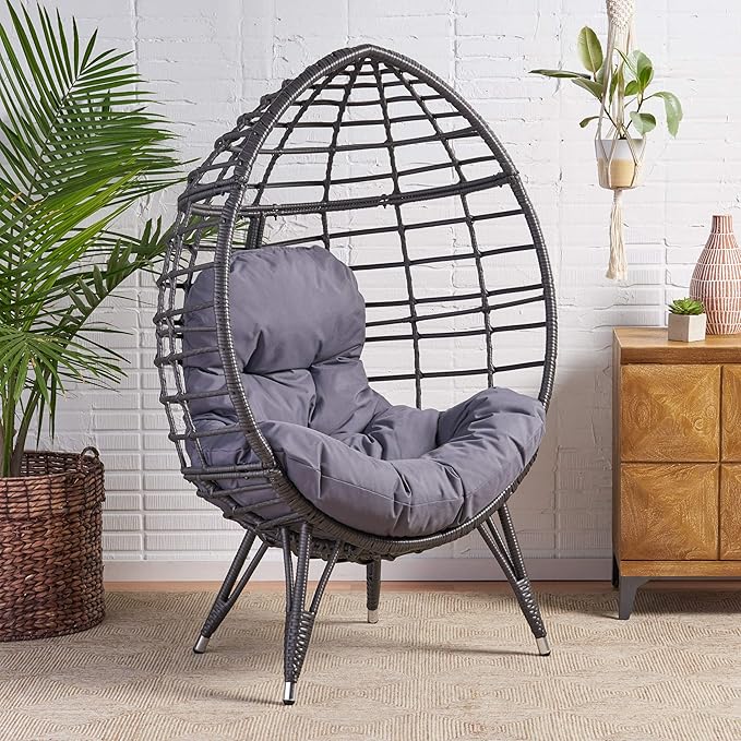 GDFStudio Noble House Savin Wicker Teardrop Chair in Gray and Dark Gray