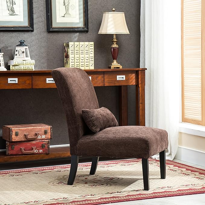 Roundhill Furniture Chocolate Pisano Chenille Fabric Armless Contemporary Accent Chair with Matching Kidney Pillow