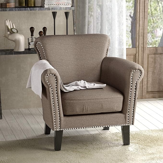 Christopher Knight Home Brice Vintage Scroll Arm Studded Fabric Club Chair Light Coffee / Dark Brown 31D x 29.5W x 31.5H in