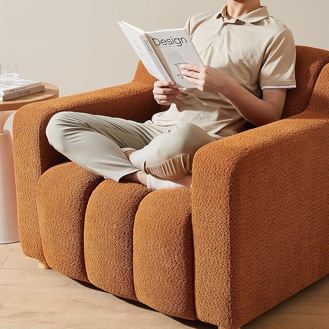 Modern Oversized Living Room Chairs 40 Wide Boucle Accent Chairs with Deep Seat and Wooden Legs Comfy Reading Arm Chair for Bedroom Apartment Orange