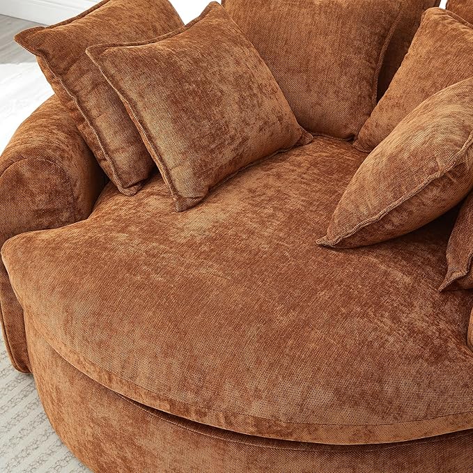JUSTONE Oversized Round Chaise Lounge Chair 59.8-inch Modern Upholstered Chenille Cloud Chair Deep Seat Circle Floor Sofa for Living Room Bedroom Apartment Orange