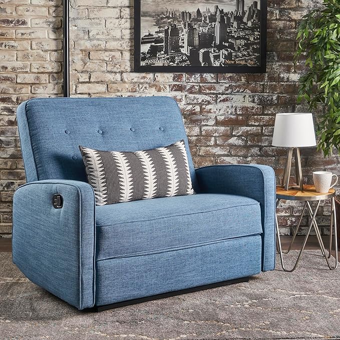 Mid-Century Fabric 47 Wide Rocker Recliner Chair Adjustable Single Recliner Sofa with Thicker Seat Cushion for Living Room Bedroom Apartment (Blue Style2)