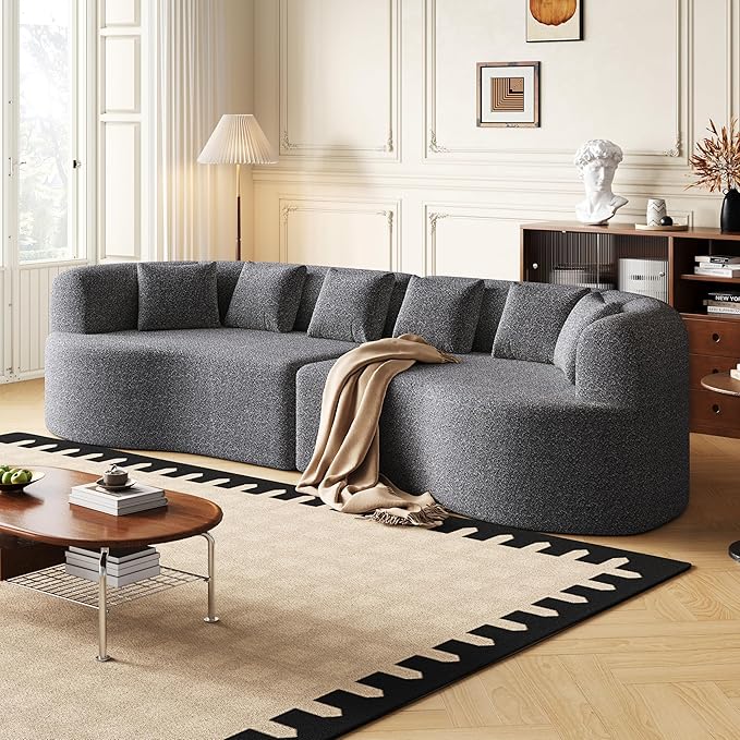 KEIKI 106.3 Curved Sectional Sofa Oversized Cloud Couch with 6 Pillows Deep Seat Sofa for Living Room Guest Bedroom No Assembly Required Gray