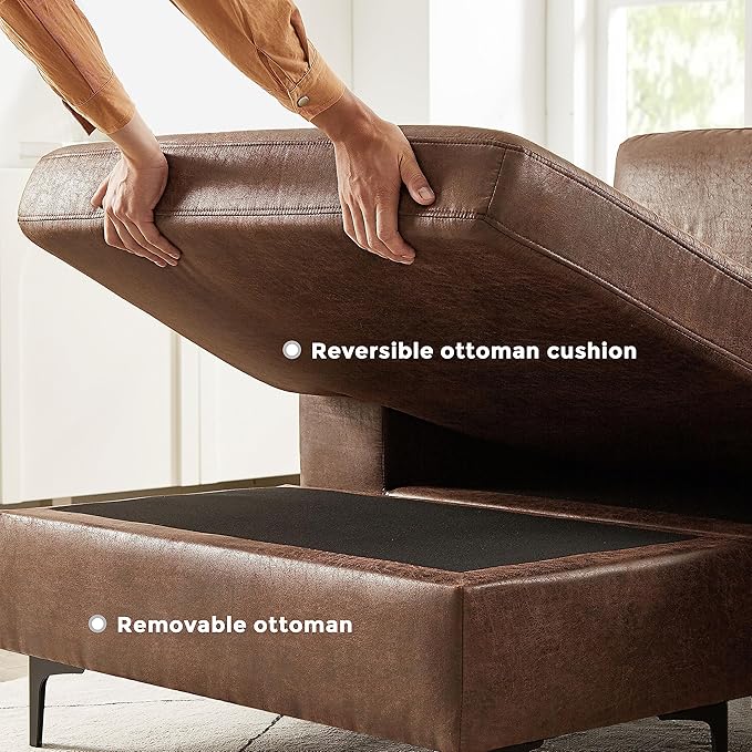 VANOMi 100 Couches for Living Room Faux Leather Sectional Sofa with Chaise Convertible L-Shape Sofa &amp Couches for Living Room3 Seater Apartment Right/Left-L-Shaped Dark Brown | Adjustable C