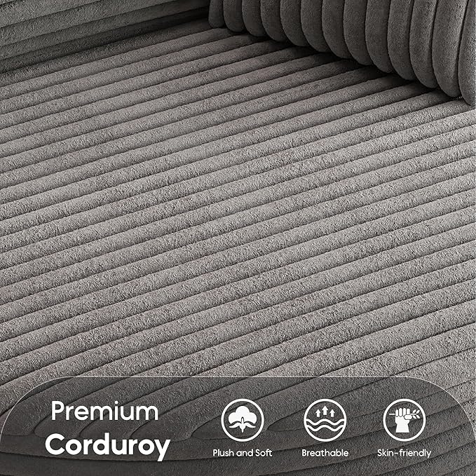55 Oversized Round Swivel Chair 360° Corduroy Upholstered Barrel Sleeper Lounge Chair Deep Seat Single Sofa Armchair with Back Pillow Modern Accent Chair for Living Room Bedroom Grey