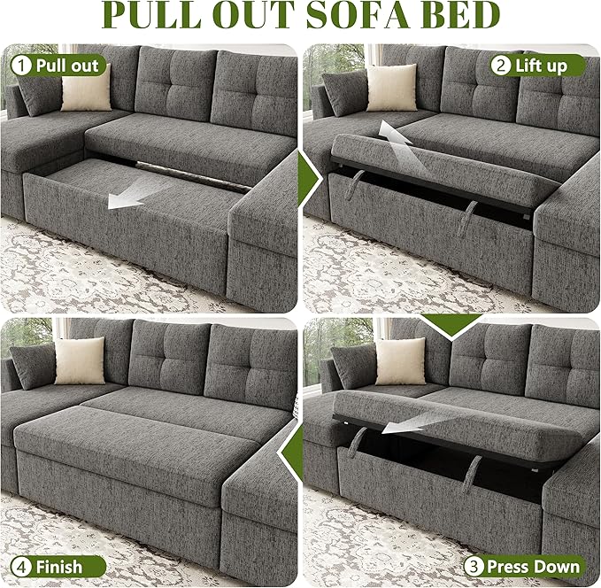 Oversized Sleeper Couch Sofa 110 inch 2 in 1 Pull Out Couch with Double Storage Chaise Sectional Sleeper Sofa Bed with Side Pocket for Living Room Dark Grey
