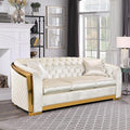 81.1 Beige &amp Gold 3 Seater Sofa Couch Velvet Chesterfield Sofa Modern Sectional Couch for Living Room Button Sofa with 2 Pillows