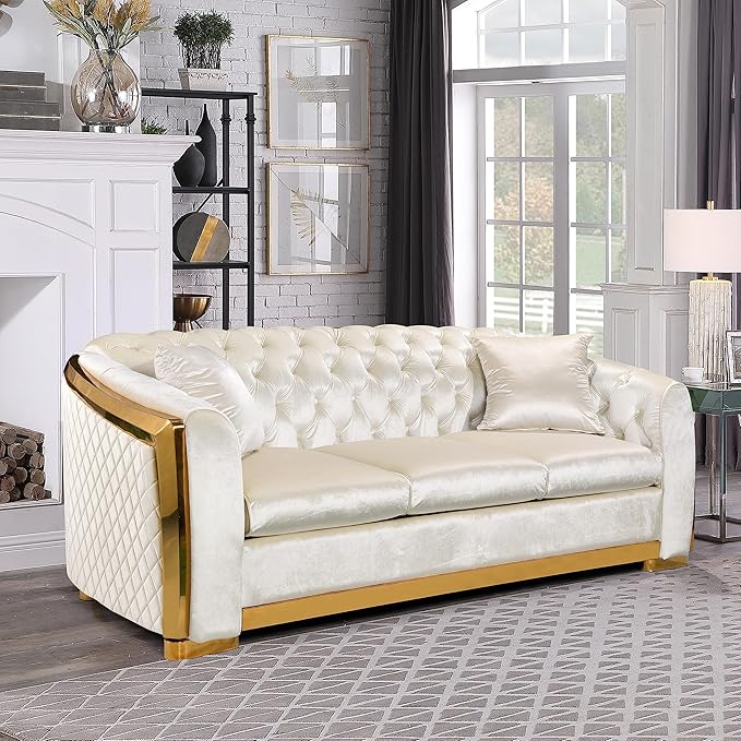 Golden Trimmed Chesterfield Sofa for Living Room Modern Elegant 81'' Button Tufted Curved Arm Velvet Couch with Golden Legs for Lounge Extra Higher Backrest Easy Assembly Cream Beige