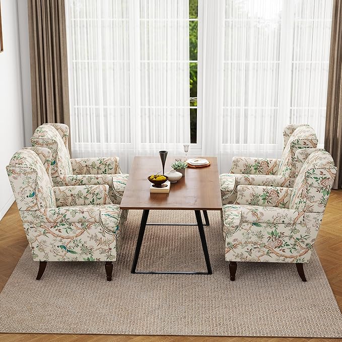 Floral High Back Accent Chair Upholstered Armchair with Solid Wood Legs Comfy Wingback Reading Single Sofa Chair for Small Spaces Living Room Bedroom(Floral Bird Set of 2)
