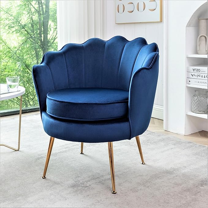 Velvet Barrel Accent Chair with Scalloped Silhouette and Gold Metal Legs Decorative Piece Suitable for Traditional Modern and Contemporary Spaces Navy Blue