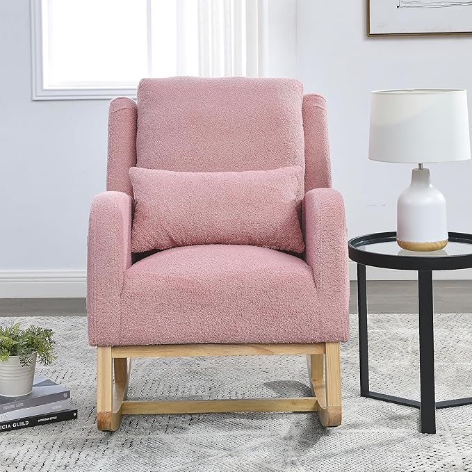 YAFF 27.5 W Modern Accent High Back Living Room Casual Armchair Rocker with One Lumbar Pillow Two Side PocketsTeddy-642
