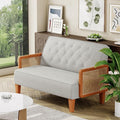 Love Seat Settee Mini Couch Upholstered Sofa with Natural Rattan Armrest Backrest Button Tufted Buckle Couch Banquette Bench Loveseat for Dining Living Room Bedroom Light Grey