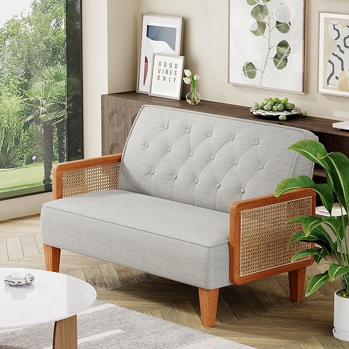 Love Seat Settee Mini Couch Upholstered Sofa with Natural Rattan Armrest Backrest Button Tufted Buckle Couch Banquette Bench Loveseat for Dining Living Room Bedroom Light Grey