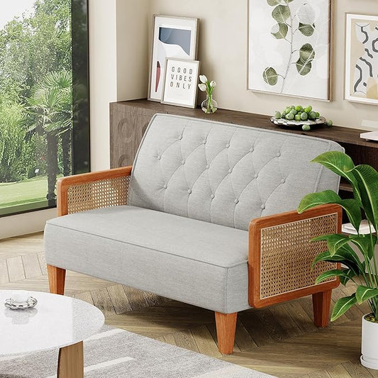 Love Seat Settee Mini Couch Upholstered Sofa with Natural Rattan Armrest Backrest Button Tufted Buckle Couch Banquette Bench Loveseat for Dining Living Room Bedroom Light Grey