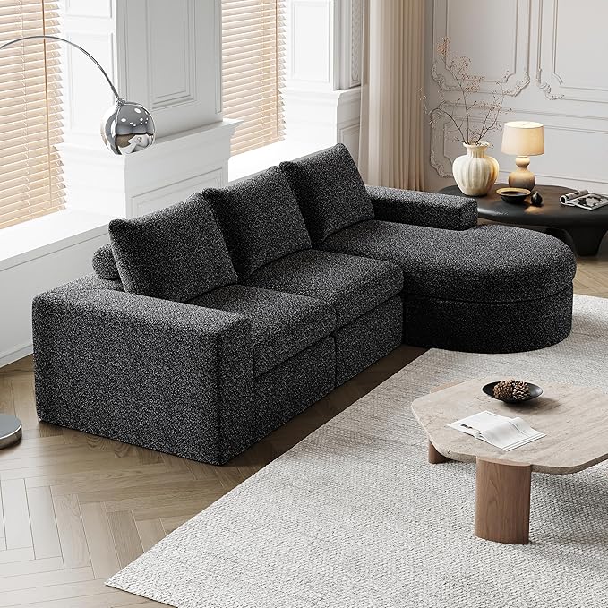 roomfitters 99 Modern Chenille Cloud Curved Sectional Sofa with Chaise L-Shaped Couch for Living Room or Apartment Black